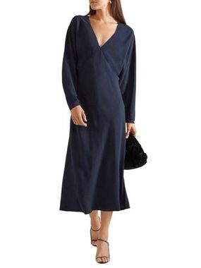 THE ROW $2,490 Navy Blue Crepe Long Dolman Sleeve DAN V-Neck Midi
Dress L